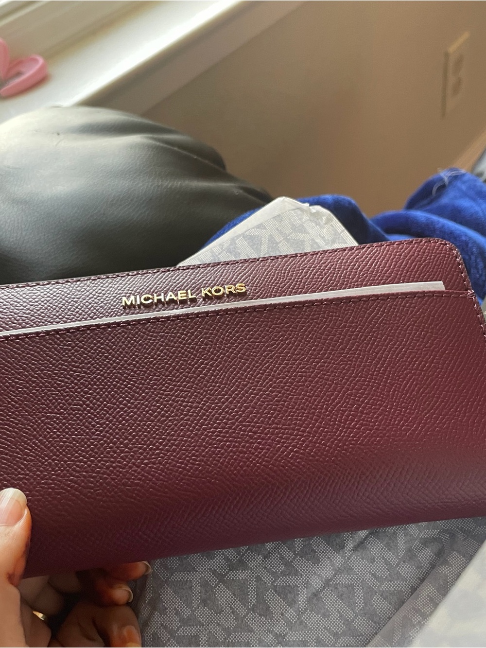 Michael Kors Wine Saffiano Zip-Around Wallet with Gold Logo